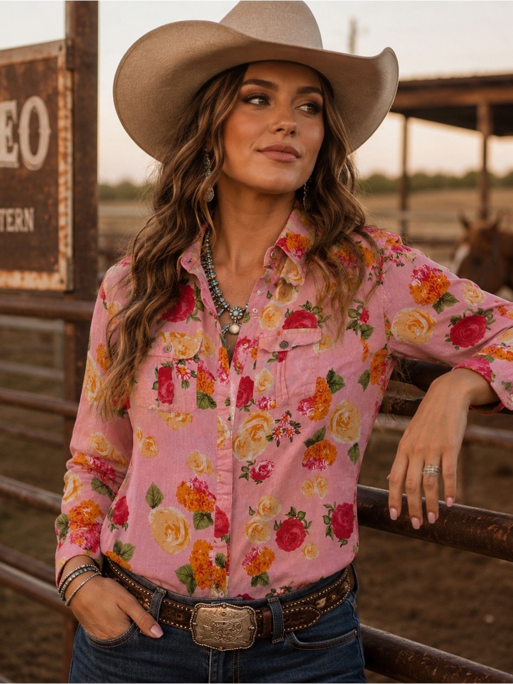 Rodeo Quincy Floral Western Style Button Front Shirt Collar Country Women’s Sz M